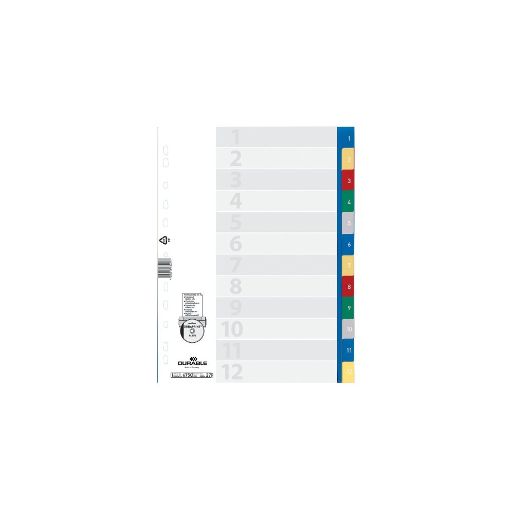 DURABLE Register 6750 DIN A4 Farbig sortiert 12-teilig 11-fach Kunststofffolie 1 bis 12
