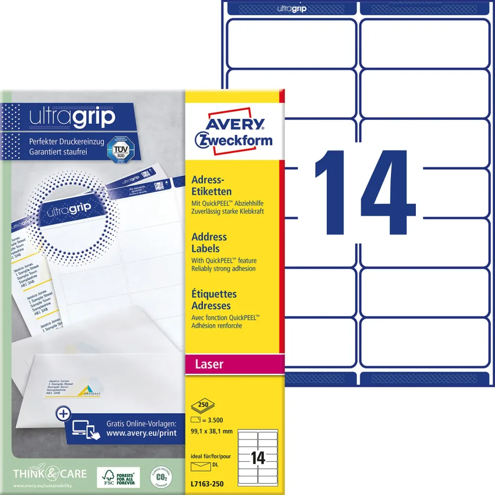 AVERY Zweckform Ultragrip Adressetiketten L7163-250 Selbsthaftend A4 Weiss 99,1 x 38,1 mm 250 Blatt à 14 Etiketten