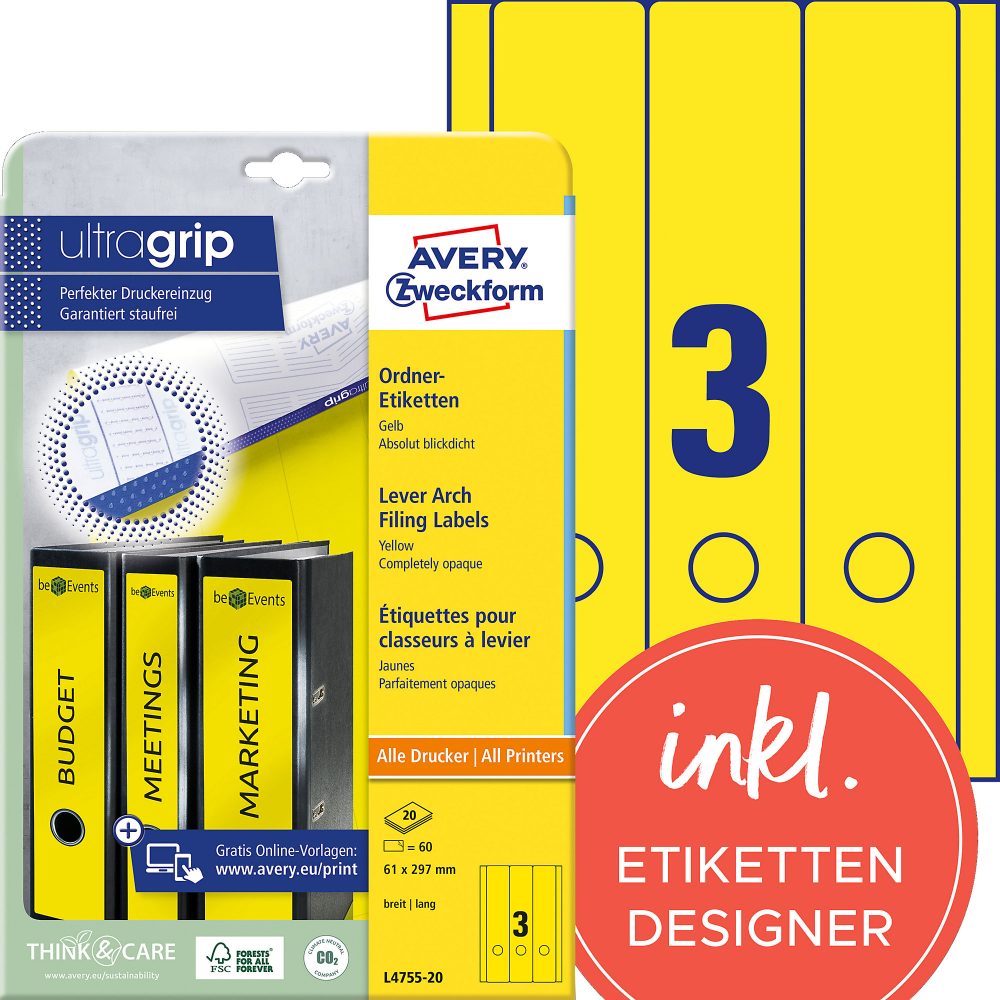 AVERY Zweckform ultragrip Ordneretiketten L4755-20 Selbsthaftend A4 Gelb 6.1 x 29.7 cm 20 Blatt à 3 Etiketten