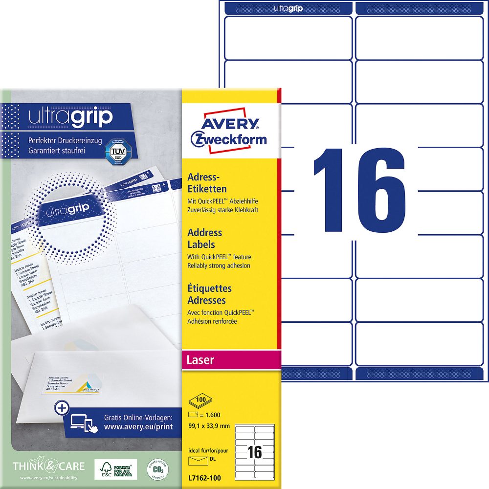AVERY Zweckform UltraGrip Adressetiketten L7162-100 Selbsthaftend A4 Weiss 99,1 x 33,9 mm 100 Blatt à 16 Etiketten
