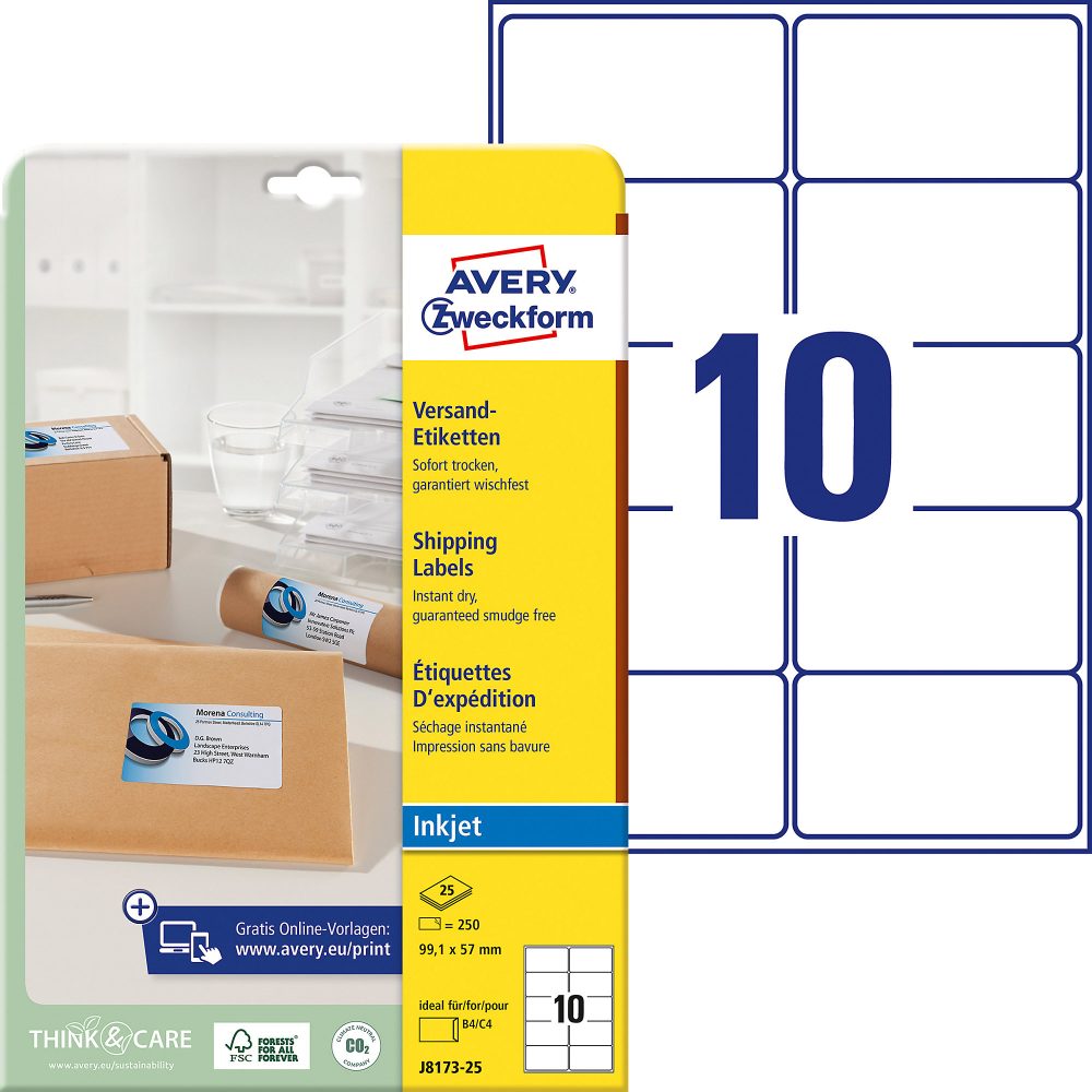 AVERY Zweckform Adressetiketten J8173-25 Selbsthaftend A4 Weiss 99,1 x 57 mm 10 Blatt à 25 Etiketten