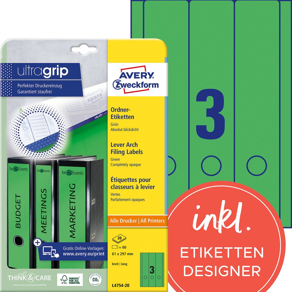 AVERY Zweckform ultragrip Ordneretiketten L4754-20 Selbsthaftend A4 Grün 6.1 x 29.7 cm 20 Blatt à 3 Etiketten