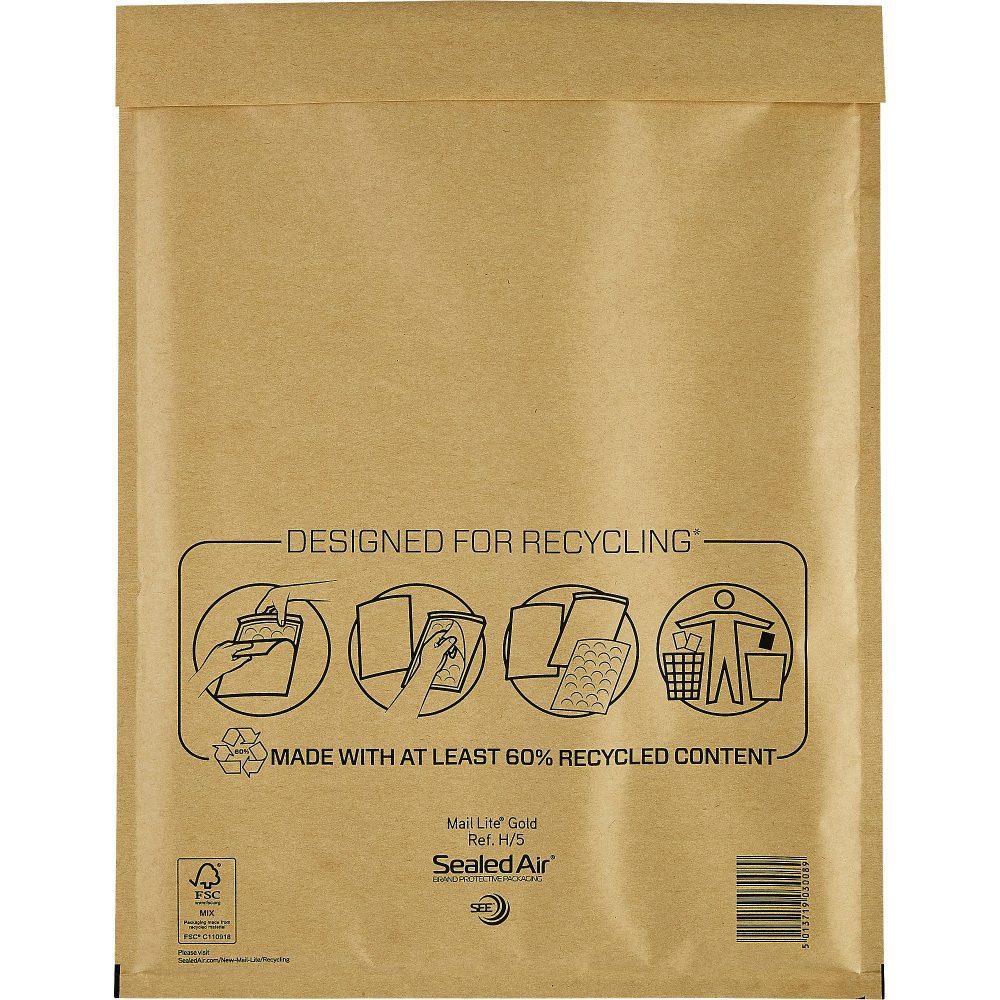Mail Lite Luftpolster-Versandtaschen H/5 270 (B) x 360 (H) mm Abziehstreifen Goldgelb 50 Stück