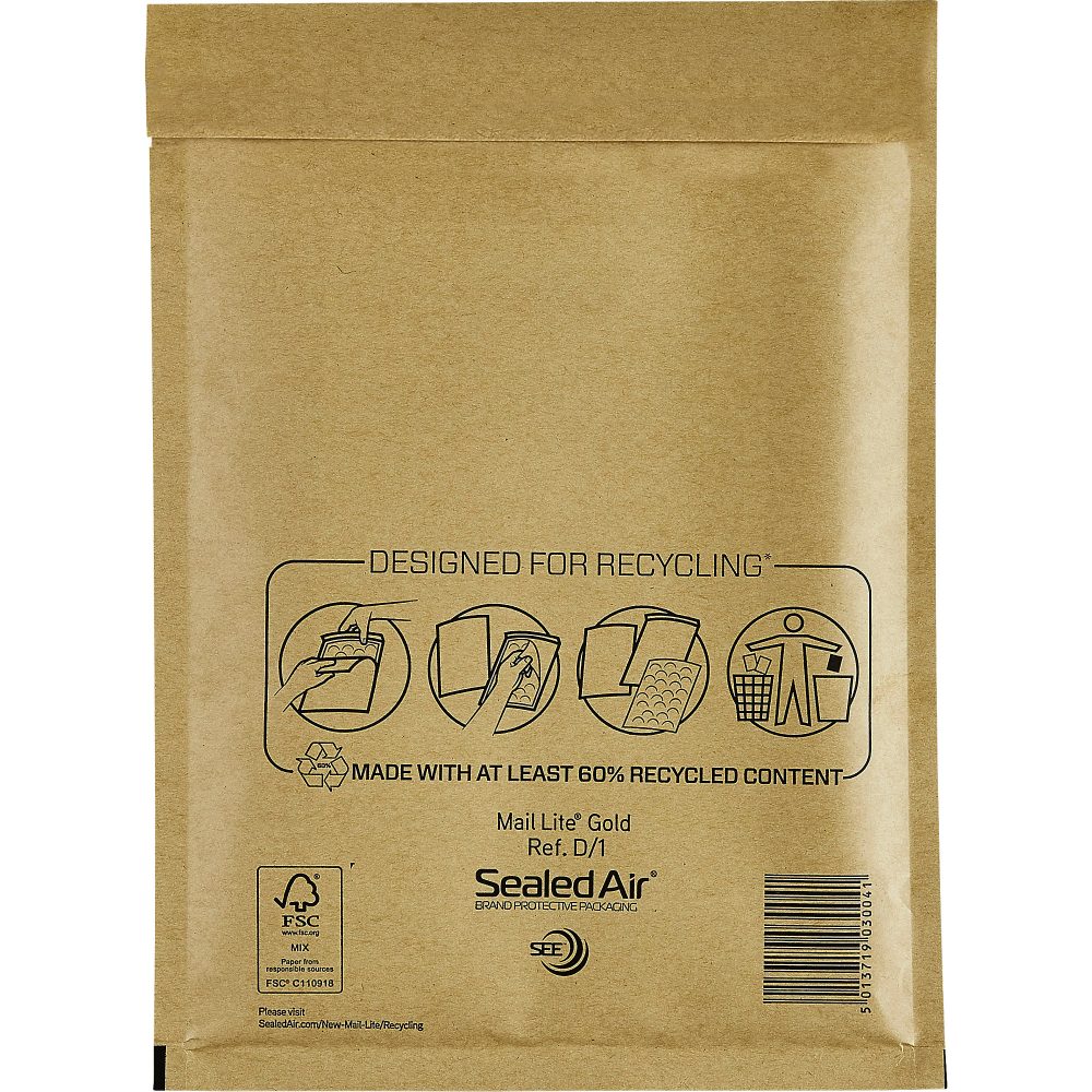Mail Lite Luftpolster-Versandtaschen D/1 180 (B) x 260 (H) mm Abziehstreifen Goldgelb 100 Stück