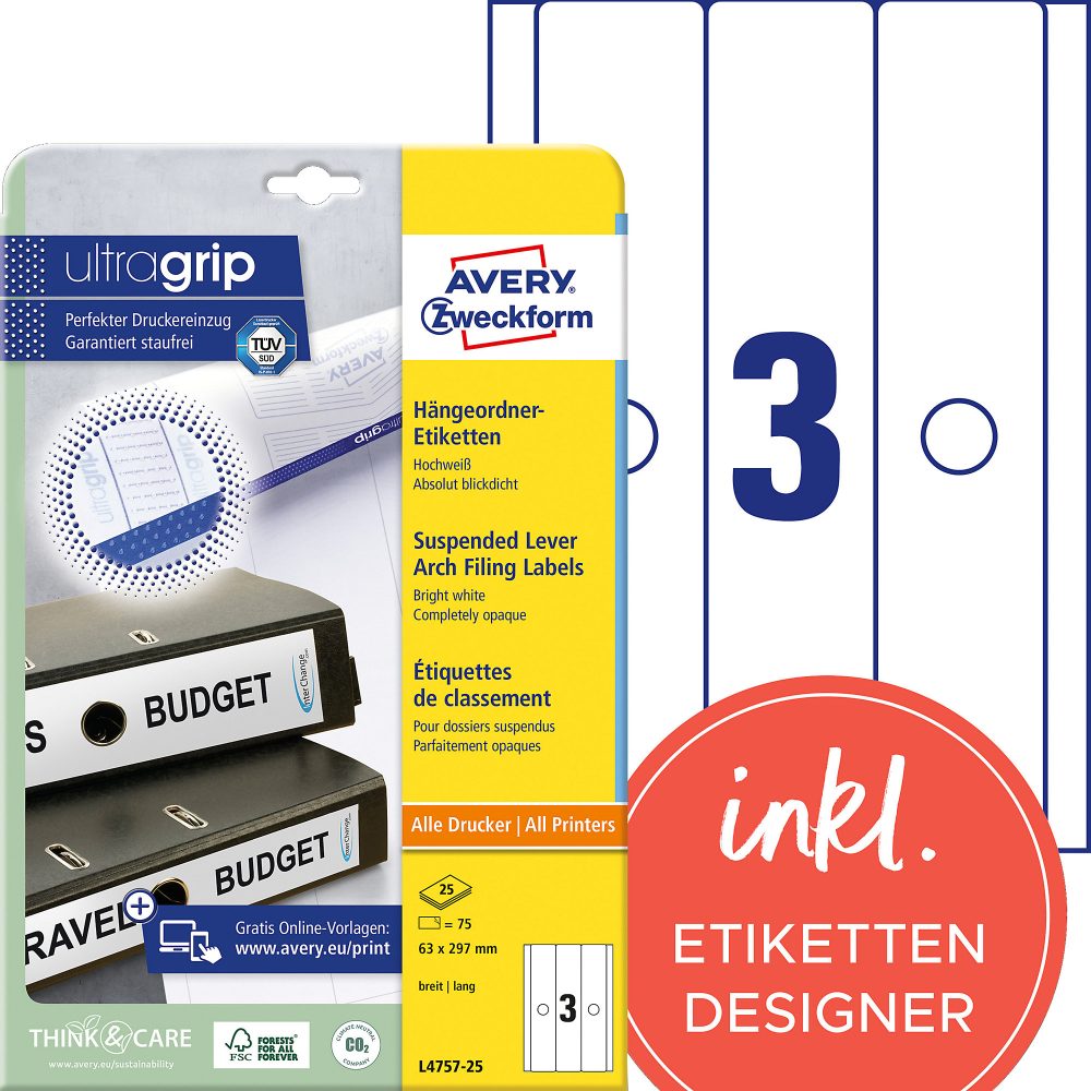 AVERY Zweckform Ultragrip Hängeregister-Etiketten L4757-25 Selbsthaftend A4 Weiss 6.3 x 29.7 cm 25 Blatt à 3 Etiketten