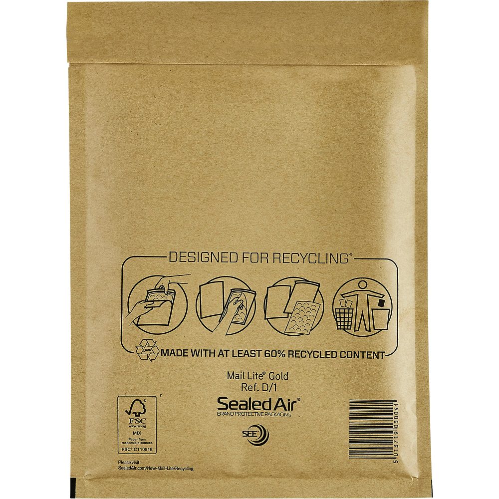 Mail Lite Luftpolster-Versandtaschen D/1 180 (B) x 260 (H) mm Abziehstreifen Goldgelb 10 Stück