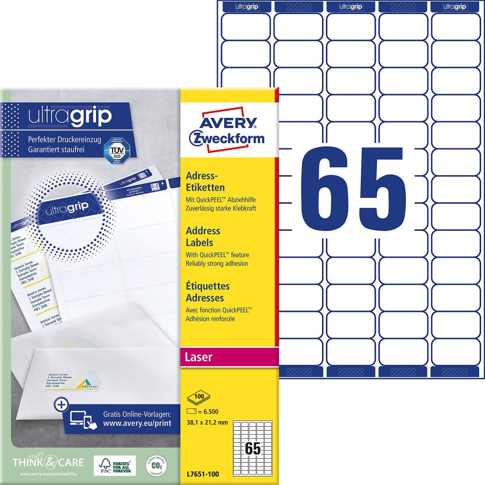 AVERY Zweckform UltraGrip Mini Adressetiketten selbstklebend 38,1 x 21,2 mm Weiss Rechteckig 100 Blatt à 65 Etiketten