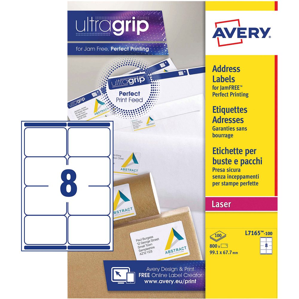 AVERY Zweckform UltraGrip Adressetiketten L7165-100 Selbsthaftend A4 Weiss 99,1 x 67,7 mm 100 Blatt à 8 Etiketten