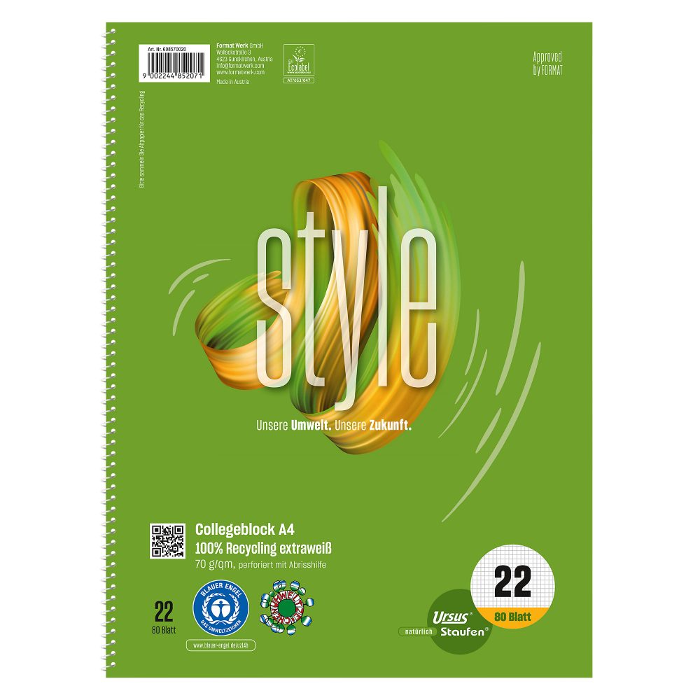 Ursus Green Notebook DIN A4 Kariert Spiralbindung Papier Grün Nicht perforiert Recycled 160 Seiten