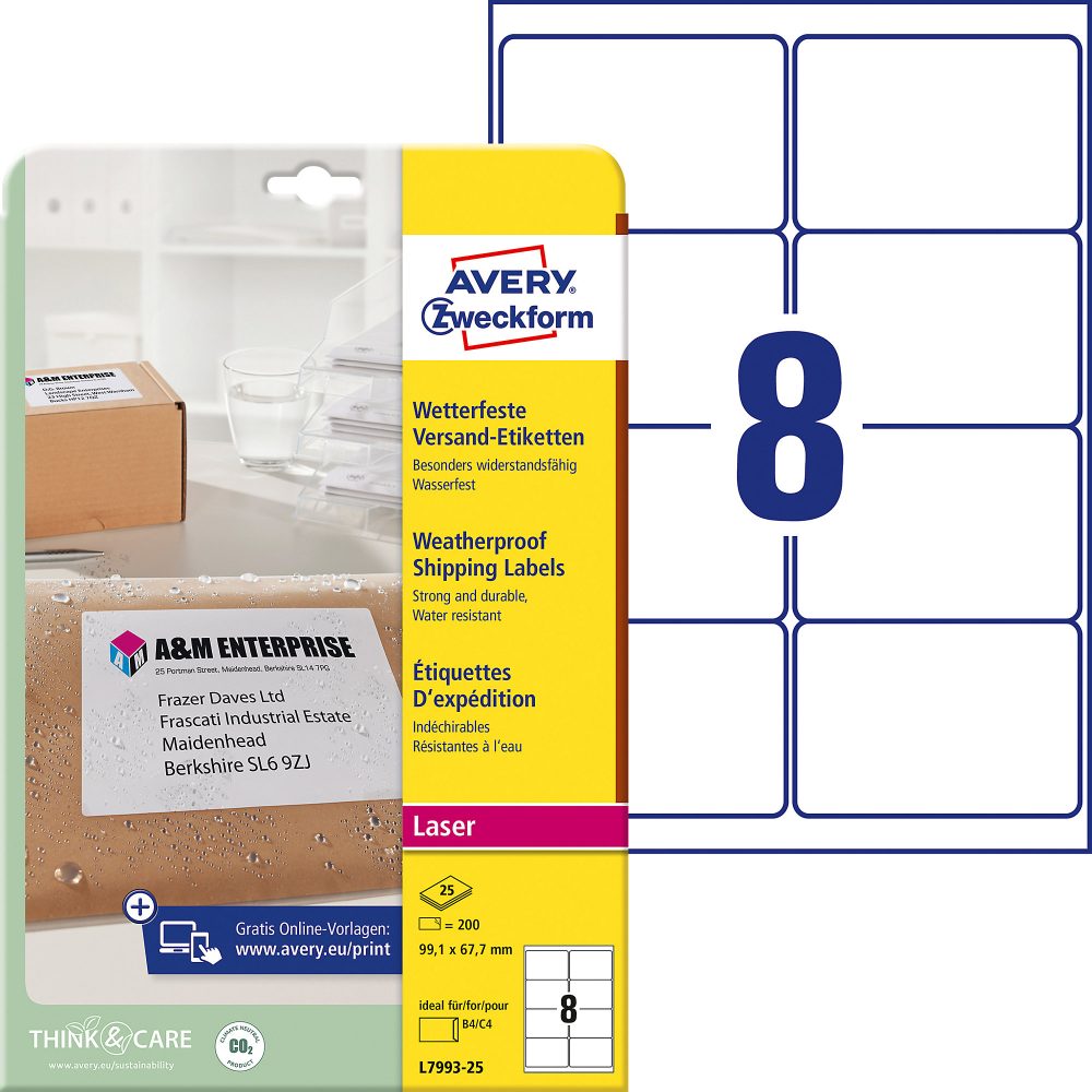 AVERY Zweckform Adressetiketten L7993-25 Weiss A4 99,1 x 67,7 mm 25 Blatt à 8 Etiketten Wetterfest