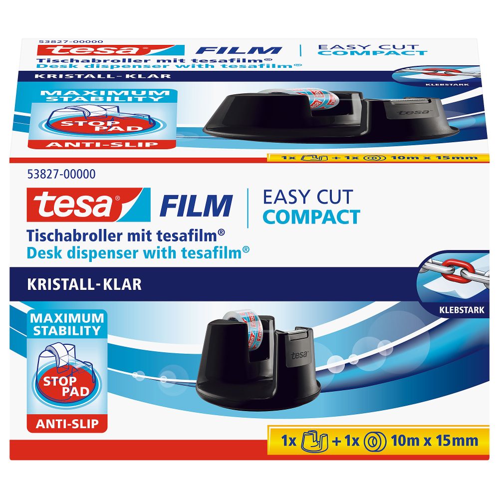 tesa Tischabroller tesafilm Easy Cut Compact Schwarz 105 mm (B) x 33 m (L) Kleiner Kern Kunststoff