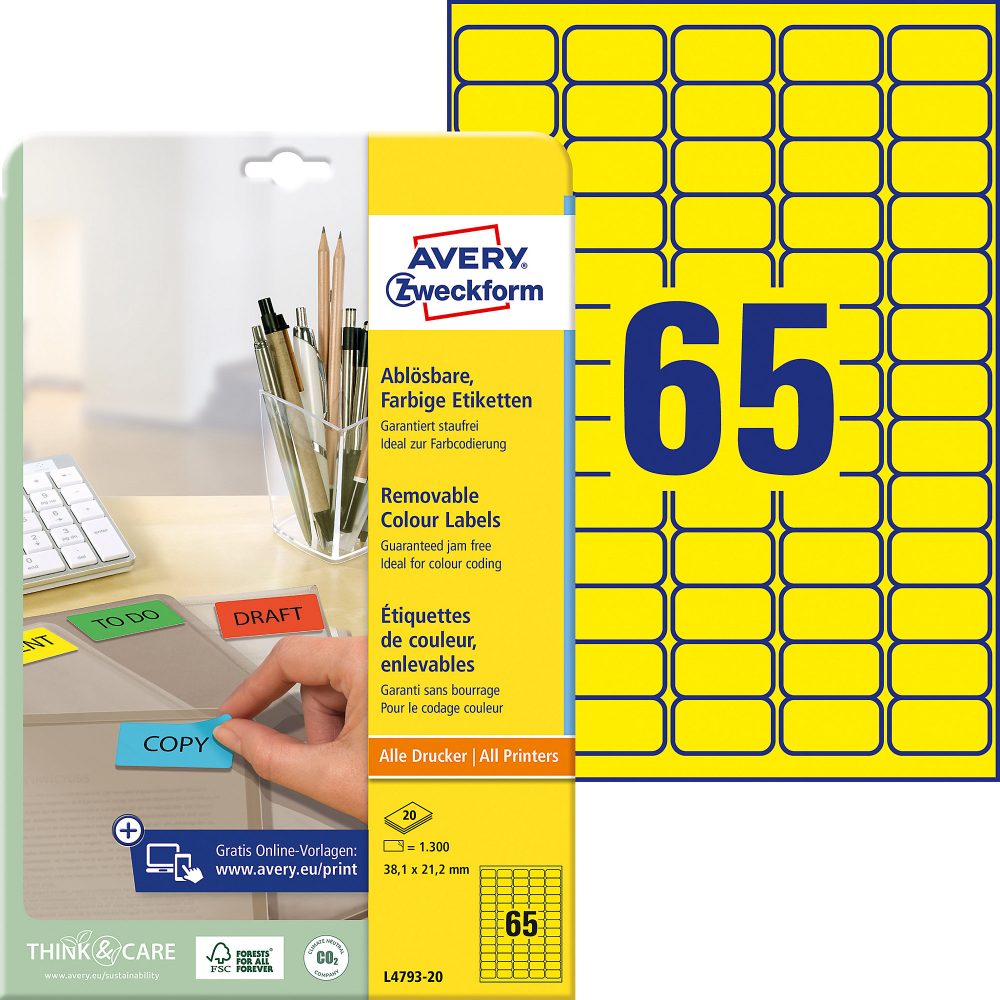 AVERY Zweckform L4793-20 Etiketten DIN A4 Gelb 38,1 x 21,2 mm 20 Blatt à 65 Etiketten