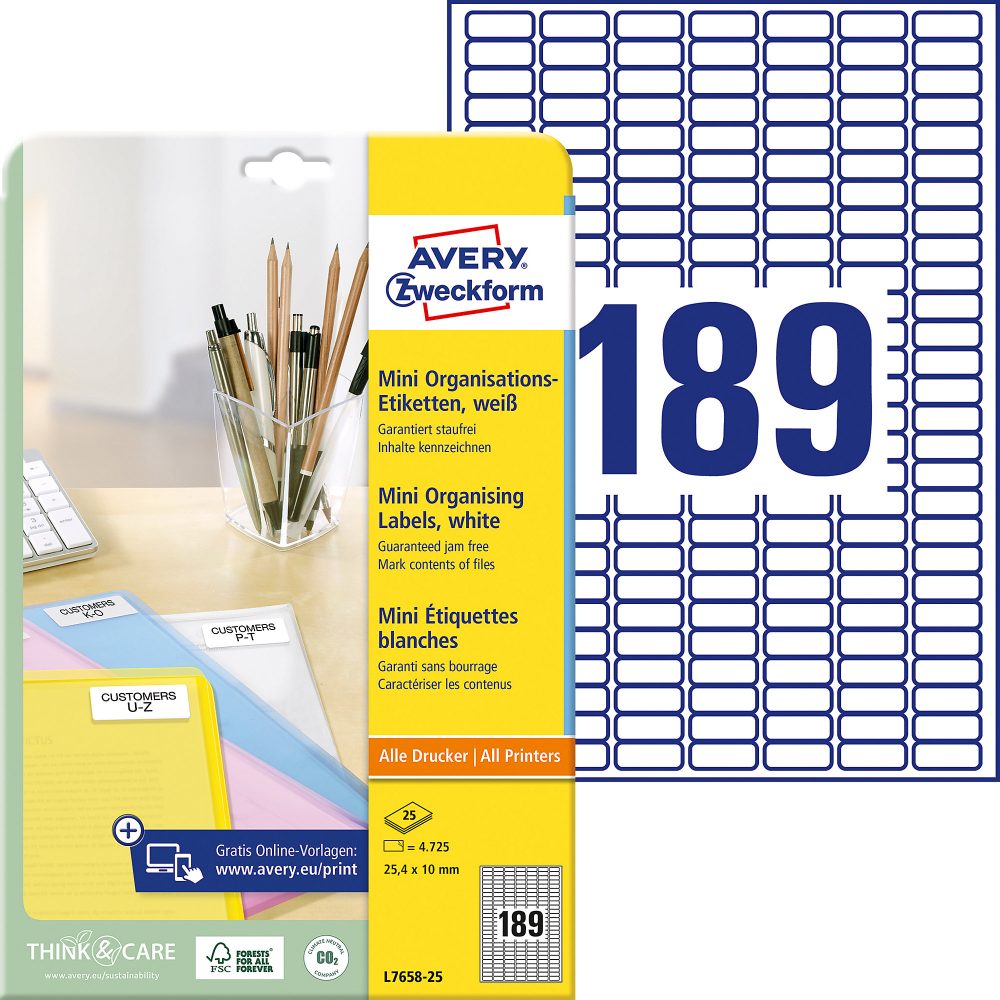AVERY Zweckform Laser Universaletiketten L7658-25 Selbsthaftend A4 Weiss 25,4 x 10 mm 25 Blatt à 189 Etiketten