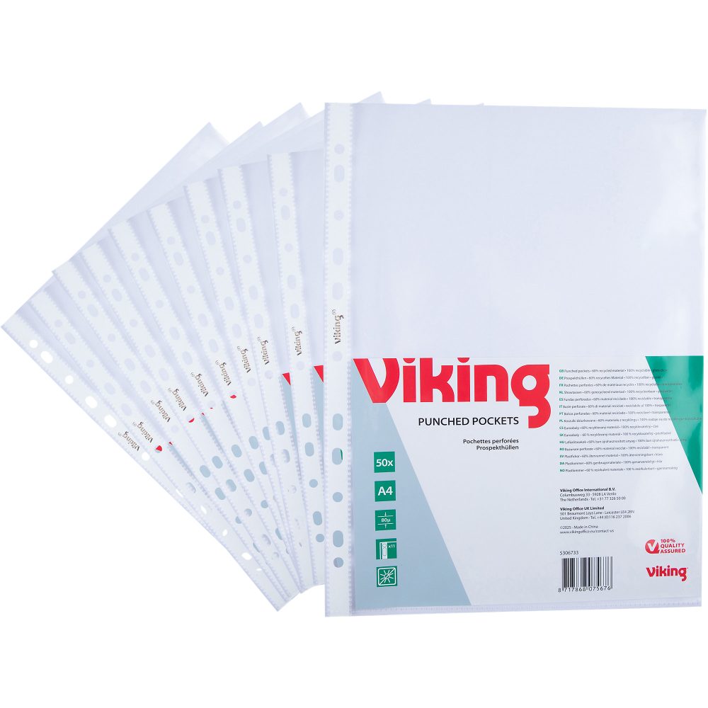 Office Depot Prospekthüllen Recycled A4 Glasklar Transparent 80 Mikron PP (Polypropylen) Öffnung Oben 11 Löcher 50 Stück