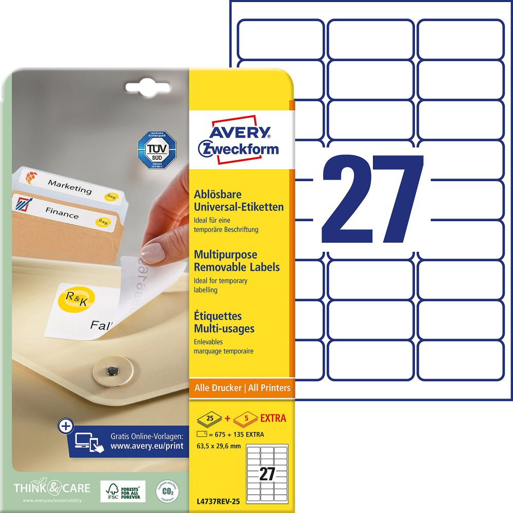 AVERY Zweckform Wiederablösbare Etiketten L4737REV-25 Weiss A4 63,5 x 29,6 mm 27 Blatt à 25 Etiketten