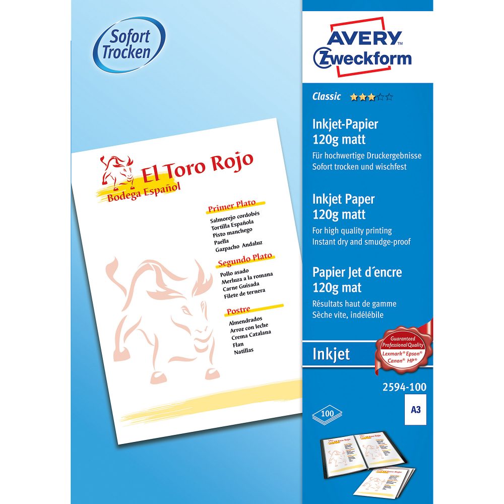 AVERY ZWECKFORM InkJet-Papier A3 2594-100 120g, weiss 100 Blatt