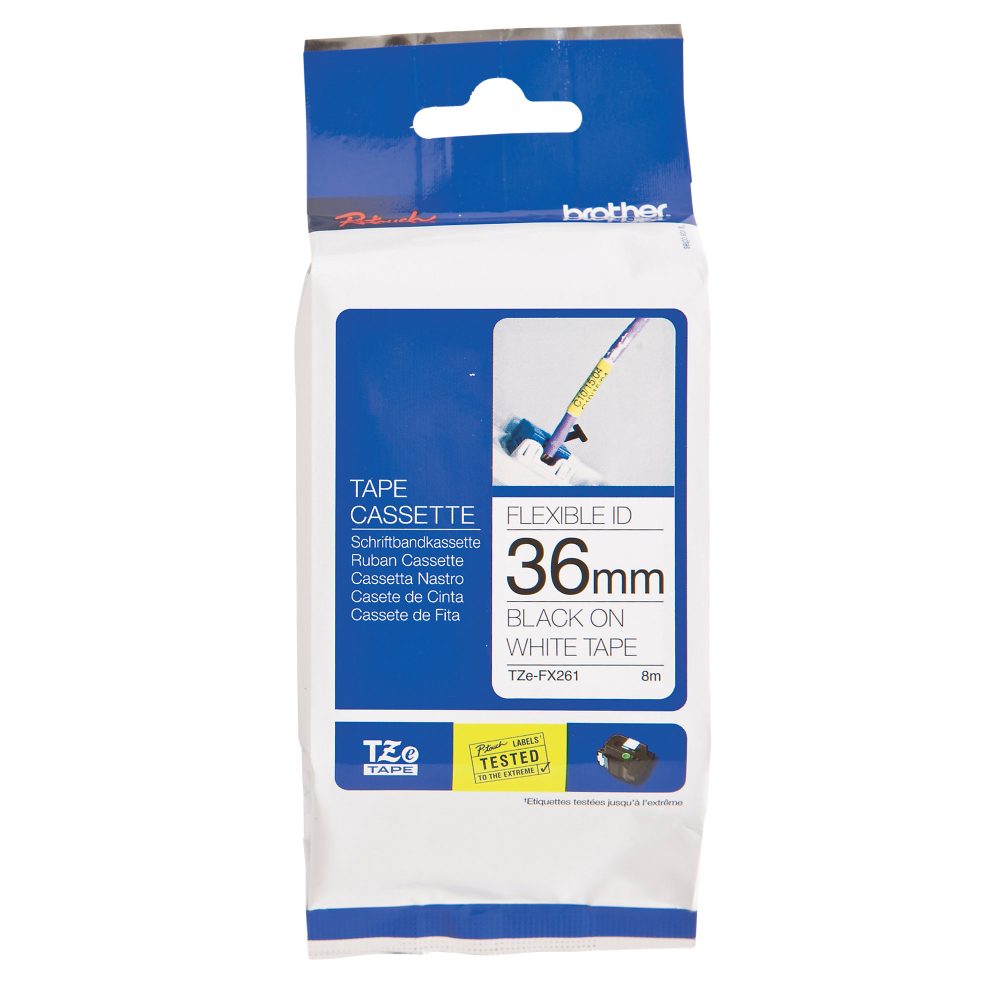 Brother TZe-FX261 Authentic Flexibles Schriftband Selbstklebend Schwarzer Druck auf Weiss 36 mm x 8m