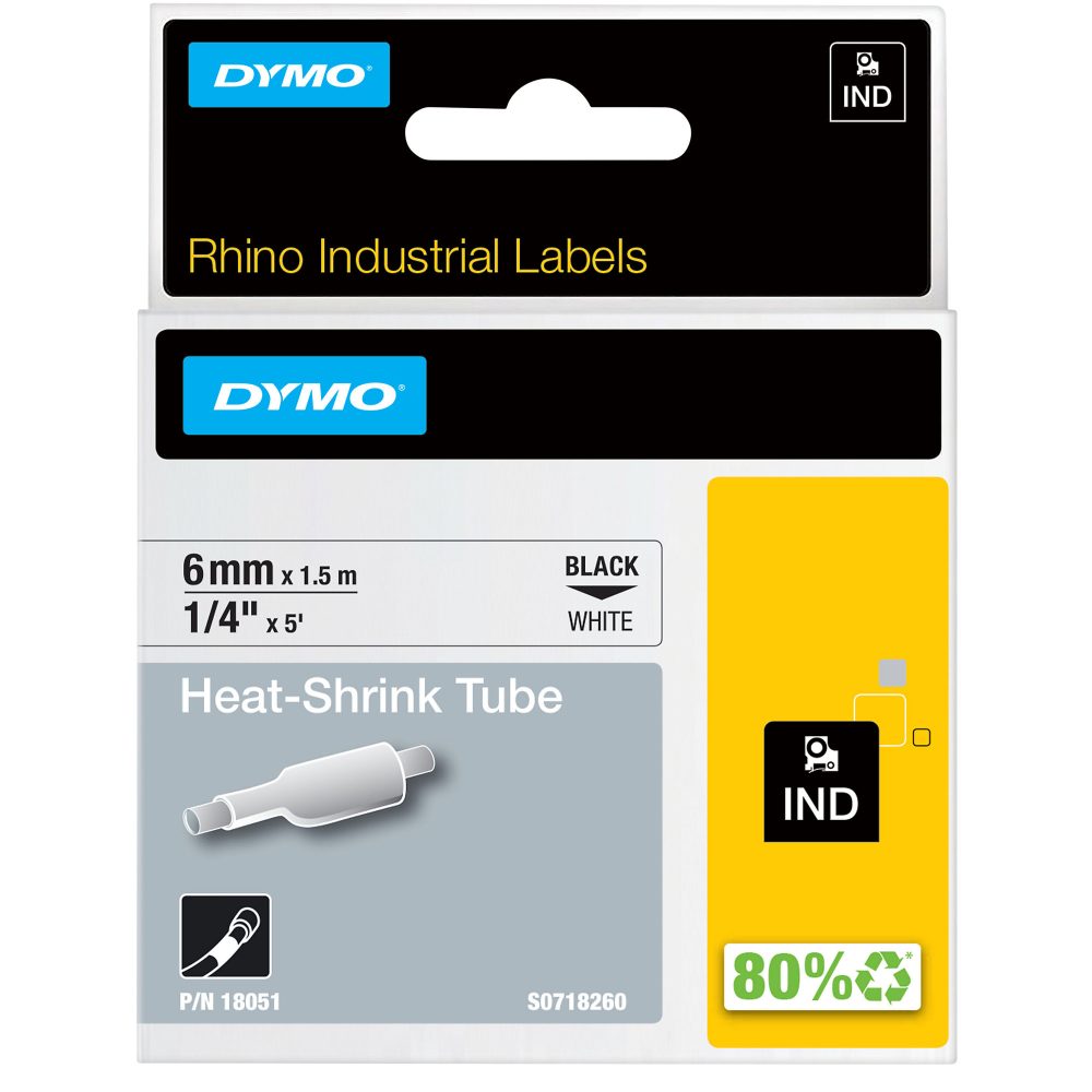 Schriftband Wärme-Schrumpfschlauch DYMO IND RHINO 18051 Polyolefin Bandfarbe: Weiß Schriftfarbe:Schwarz 6 mm 1.5 m