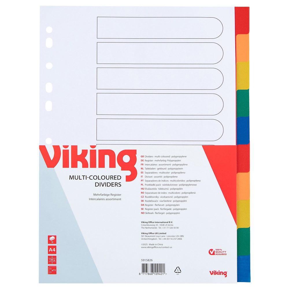 Office Depot Blanko Register A4 Farbig assortiert Farbig Sortiert 10-teilig PP (Polypropylen) Rechteckig 11 Löcher 10 Blatt