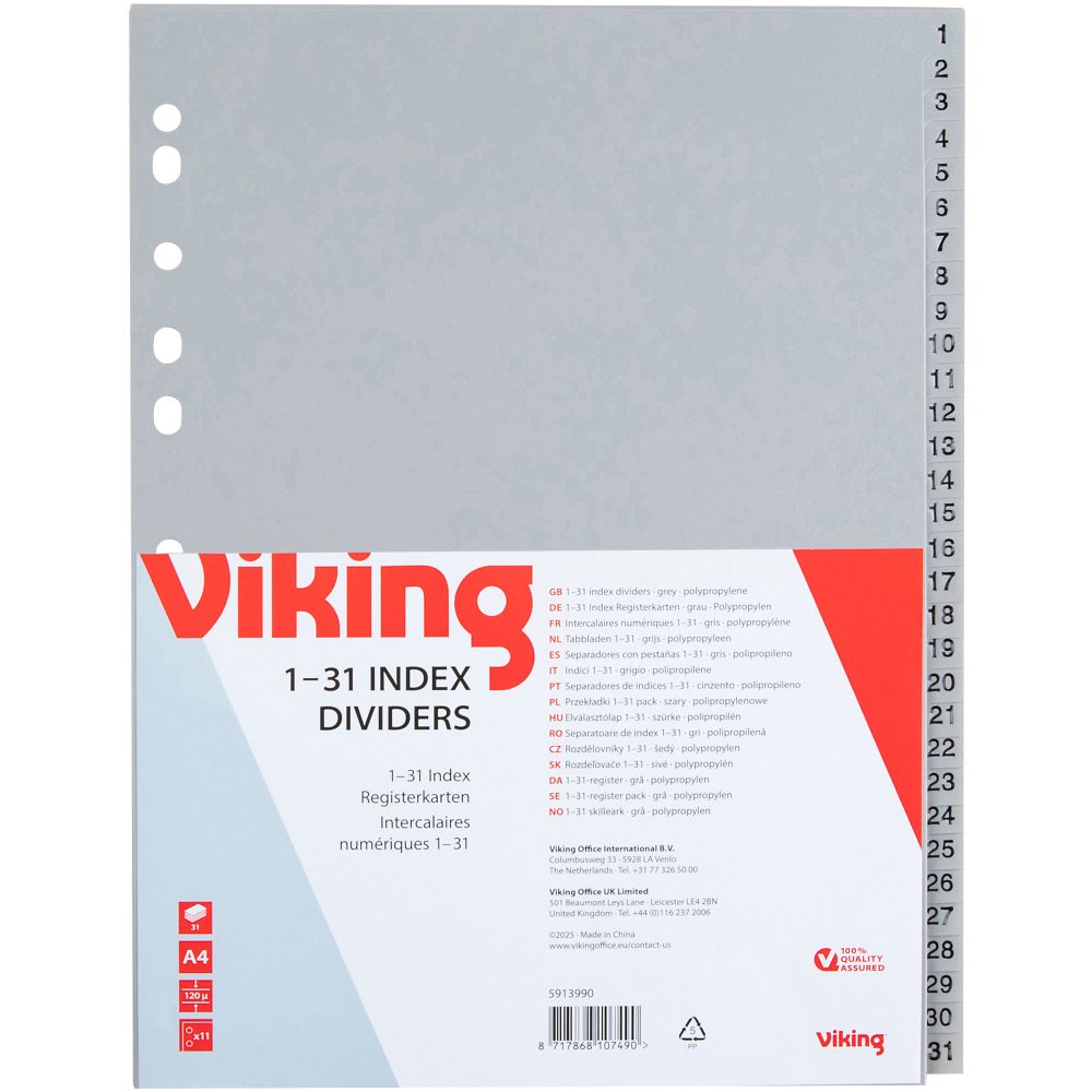 Office Depot 1 bis 31 Register DIN A4 Grau 31-teilig PP (Polypropylen) 11 Löcher Numerisch