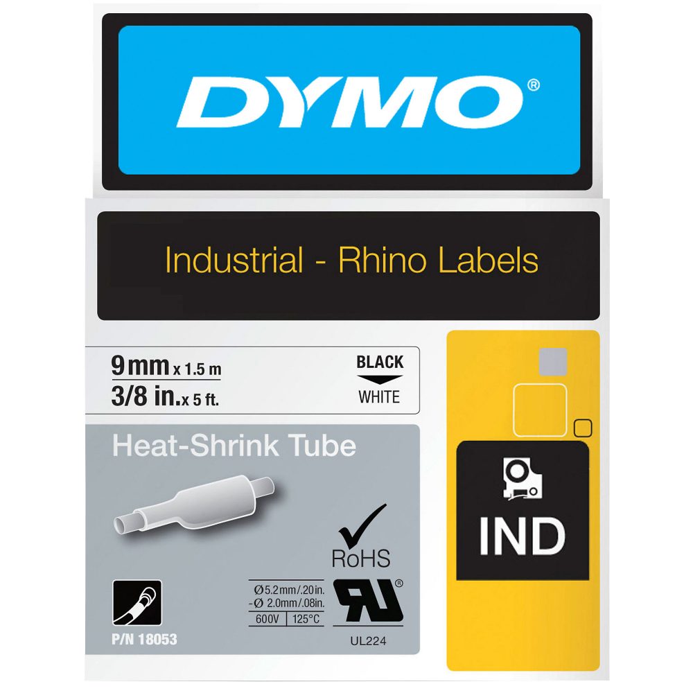 Schriftband Wärme-Schrumpfschlauch DYMO IND RHINO 18053 Polyolefin Bandfarbe: Weiß Schriftfarbe:Schwarz 9 mm 1.5 m