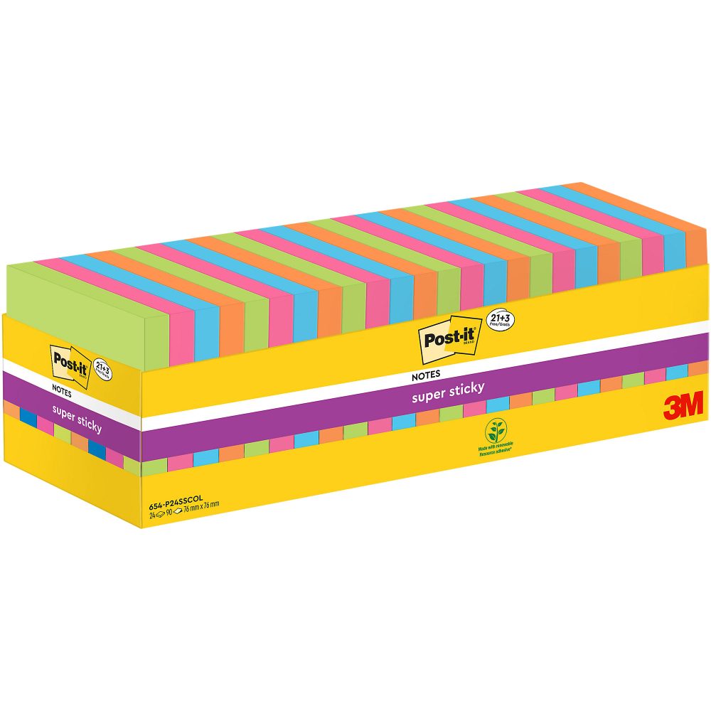 POST-IT Super Sticky Notes 76x76mm 654SE24 24 Farben 24 x 90 Blatt