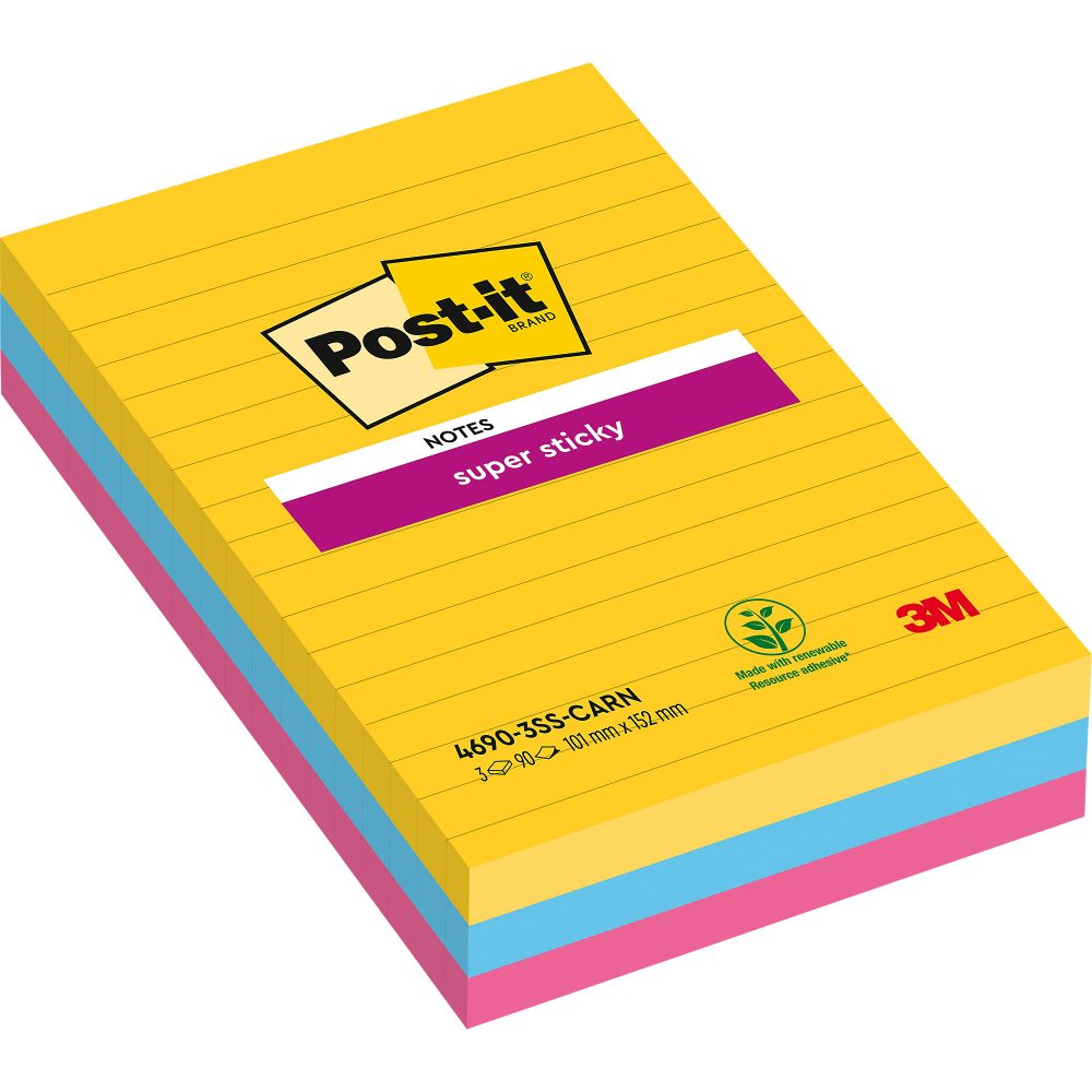POST-IT SuperSticky Rio 152x101mm 4690SS3RI 3-farbig, liniert 3x90 Blatt