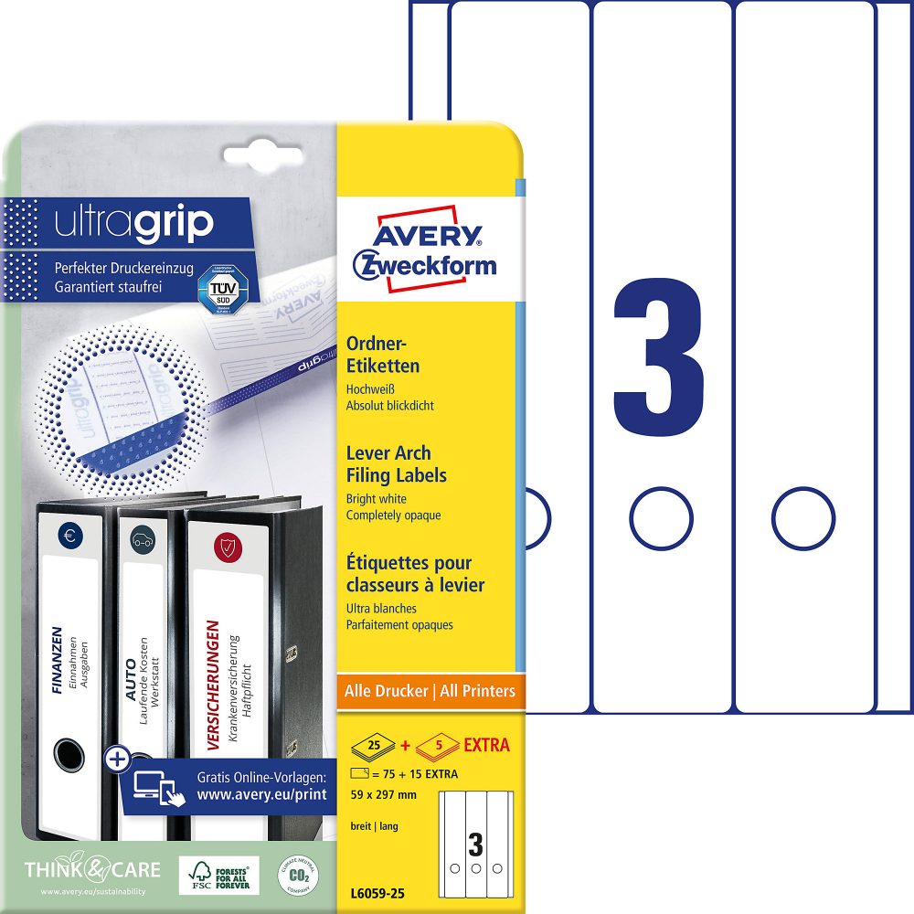 AVERY Zweckform Ultragrip Ordneretiketten L4761-25 Selbsthaftend A4 Weiss 6.1 x 19.2 cm 30 Blatt à 4 Etiketten