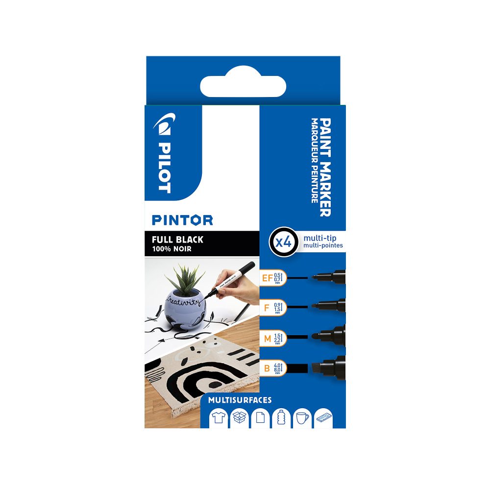 Pilot PINTOR Lackmarker Rundspitze, Keilspitze 0.7 mm, 1.0 mm, 1.4 mm, 8.0 mm Schwarz 4 Stück