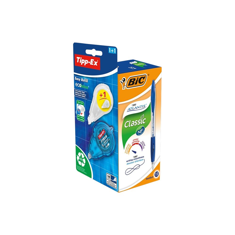 BIC Atlantis Classic Kugelschreiber Blau Mittel 0.32 mm Nachfüllbar Packung mit 12 Stück + GRATIS 1 Easy Tipp-Ex mit Nachfüllpackung