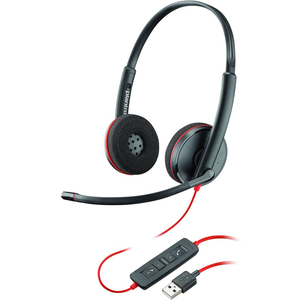 Plantronics Kabelgebundenes USB Headset Schwarzwire C3220 mit Kopfbügel, Geräuschunterdrückung und Mikrofon Schwarz, Rot