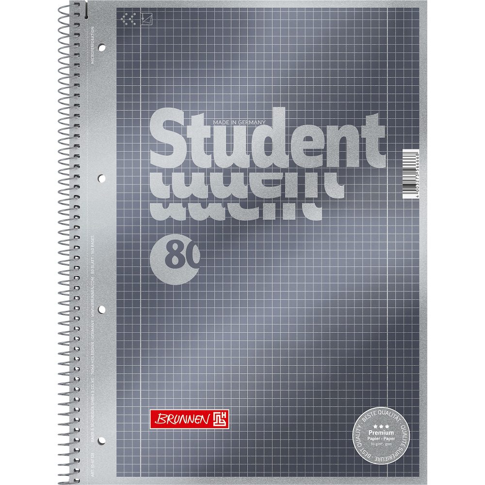 BRUNNEN Student Premium Notebook DIN A4 Kariert Spiralbindung Pappkarton Anthrazit-Metallic Perforiert 160 Seiten 80 Blatt