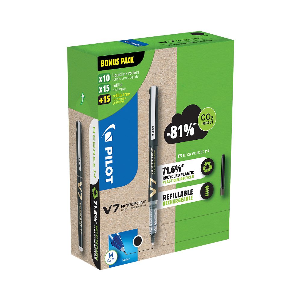 Pilot Tintenroller Pen V7 Schwarz Packung mit 10 Stiften und 30 Minen