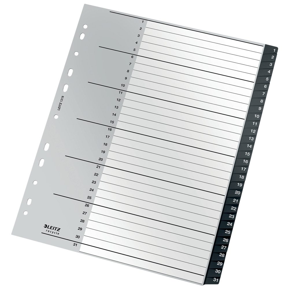 Leitz Recycle Register 1218 DIN A4 Maxi CO2 Neutral Schwarz 31-teilig 11 Löcher 90% Recycelter Kunststoff 1 bis 31