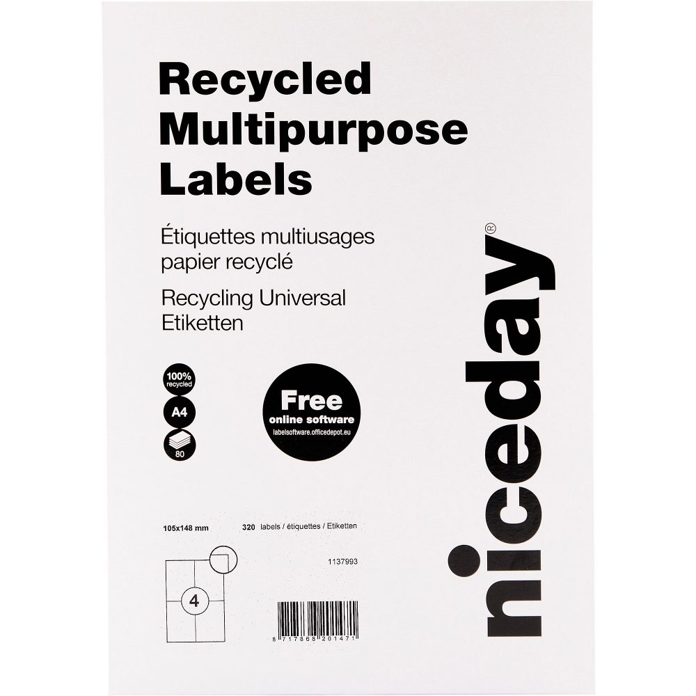 Niceday Recycelte Multifunktionsetiketten 67544 Quadratische Ecken Weiß 80 Blatt à 4 Etiketten
