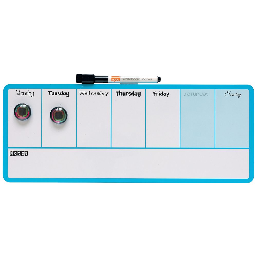 Nobo Mini Wandmontierbares magnetisches Whiteboard Wochenplaner 1904047 Lackierter Stahl 360 x 140 mm Weiß, Blau