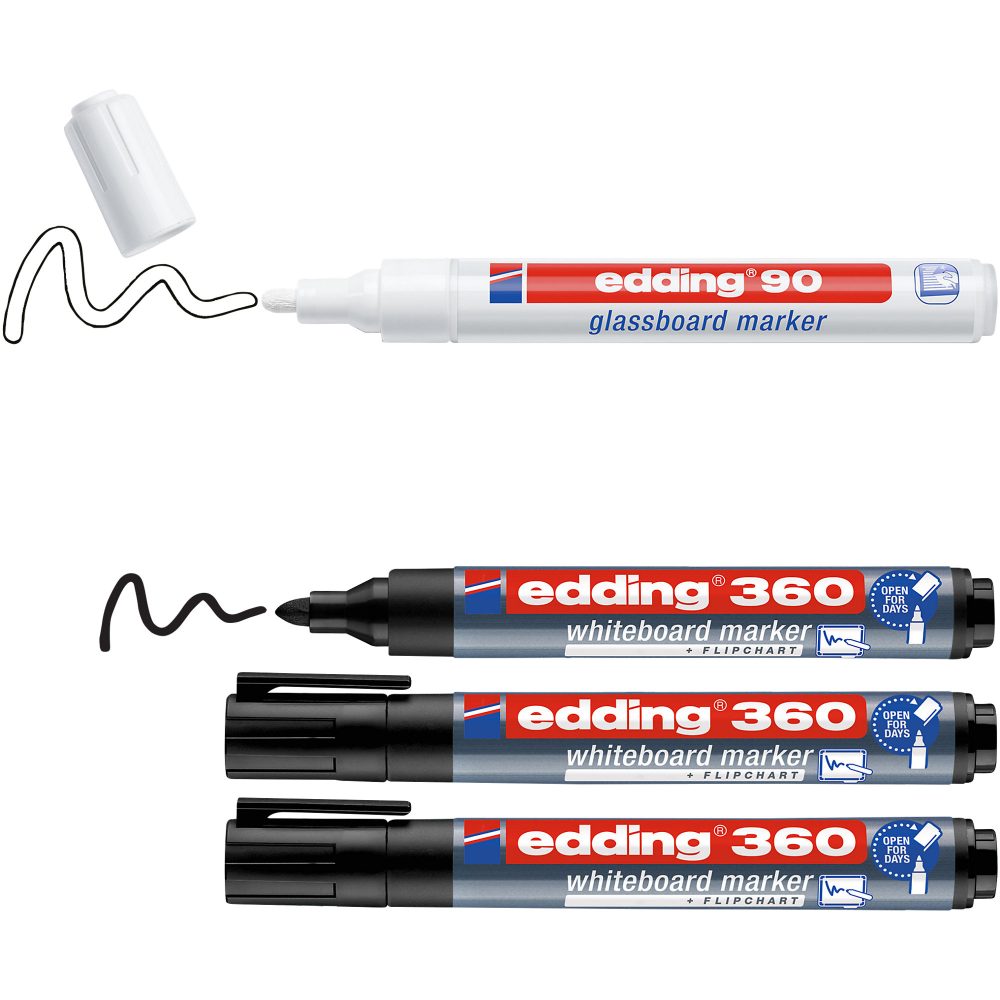 Edding Whiteboard+Glasboard Marker E-360+E-90 Rundspitze Schwarz, Weiß Set mit 4 Stück