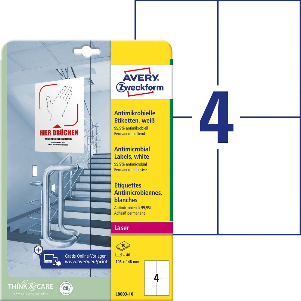AVERY Zweckform L8003-10 Antimikrobielle Etiketten 210 x 297 mm Weiss 10 Blatt à 4 Etiketten