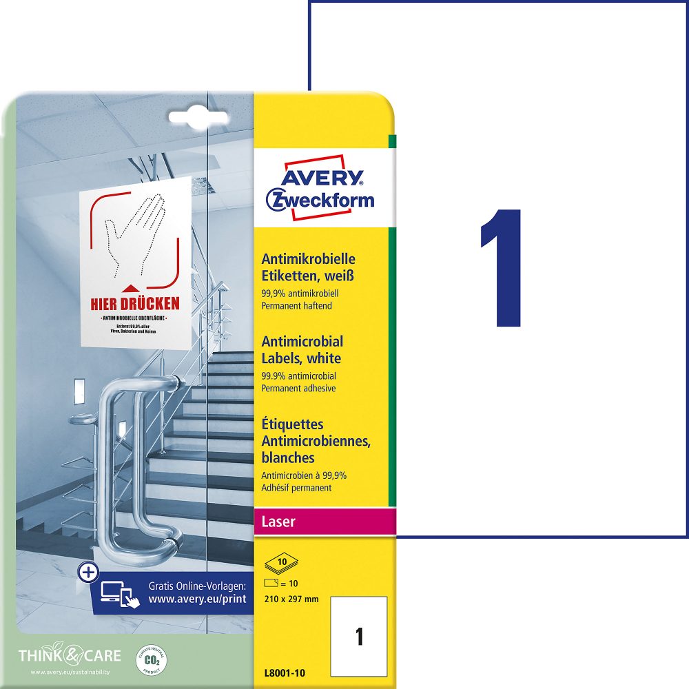 AVERY Zweckform L8001-10 Antimikrobielle Etiketten 210 x 297 mm Weiss 10 Blatt à 1 Etikett