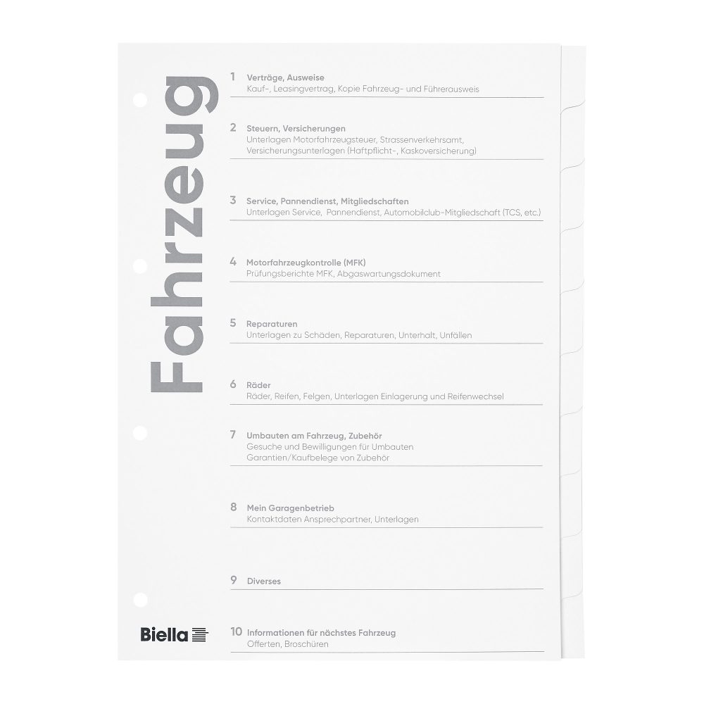 Biella Register Fahrzeug A4 deutsch Weiss 10-teilig Kartonzuschnitt Packung mit 10 Stück