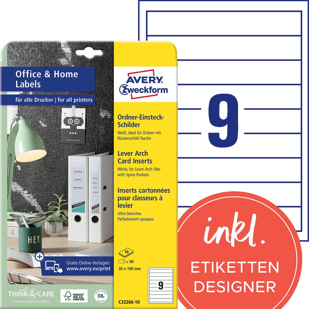 AVERY Zweckform C32266-10 Ordneretikettenr A4 Weiss 30 x 190 mm 10 Blatt à 9 Etiketten