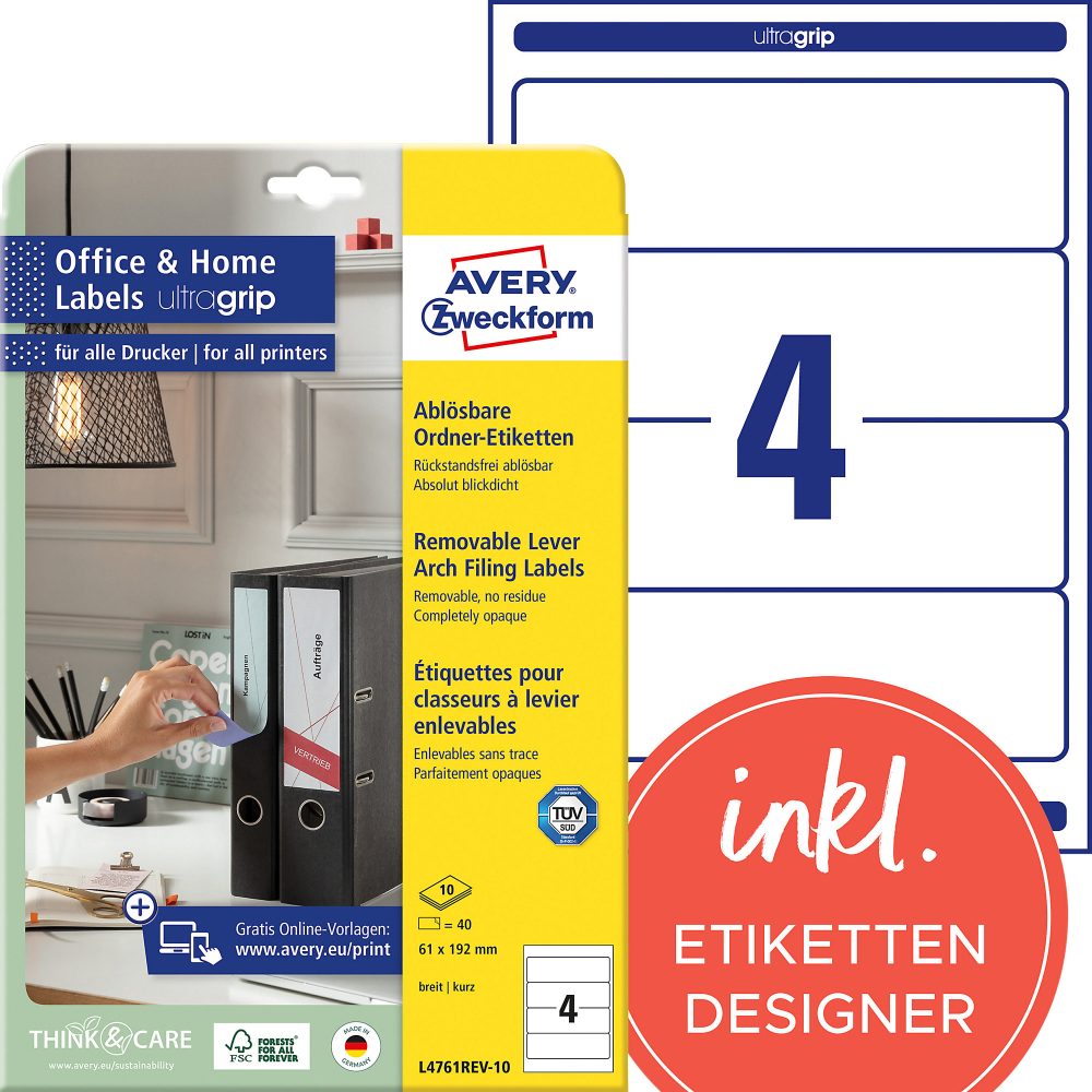 AVERY Zweckform L4761REV-10 Ordneretiketten A4 Weiss 61 x 192 mm 10 Blatt à 4 Etiketten