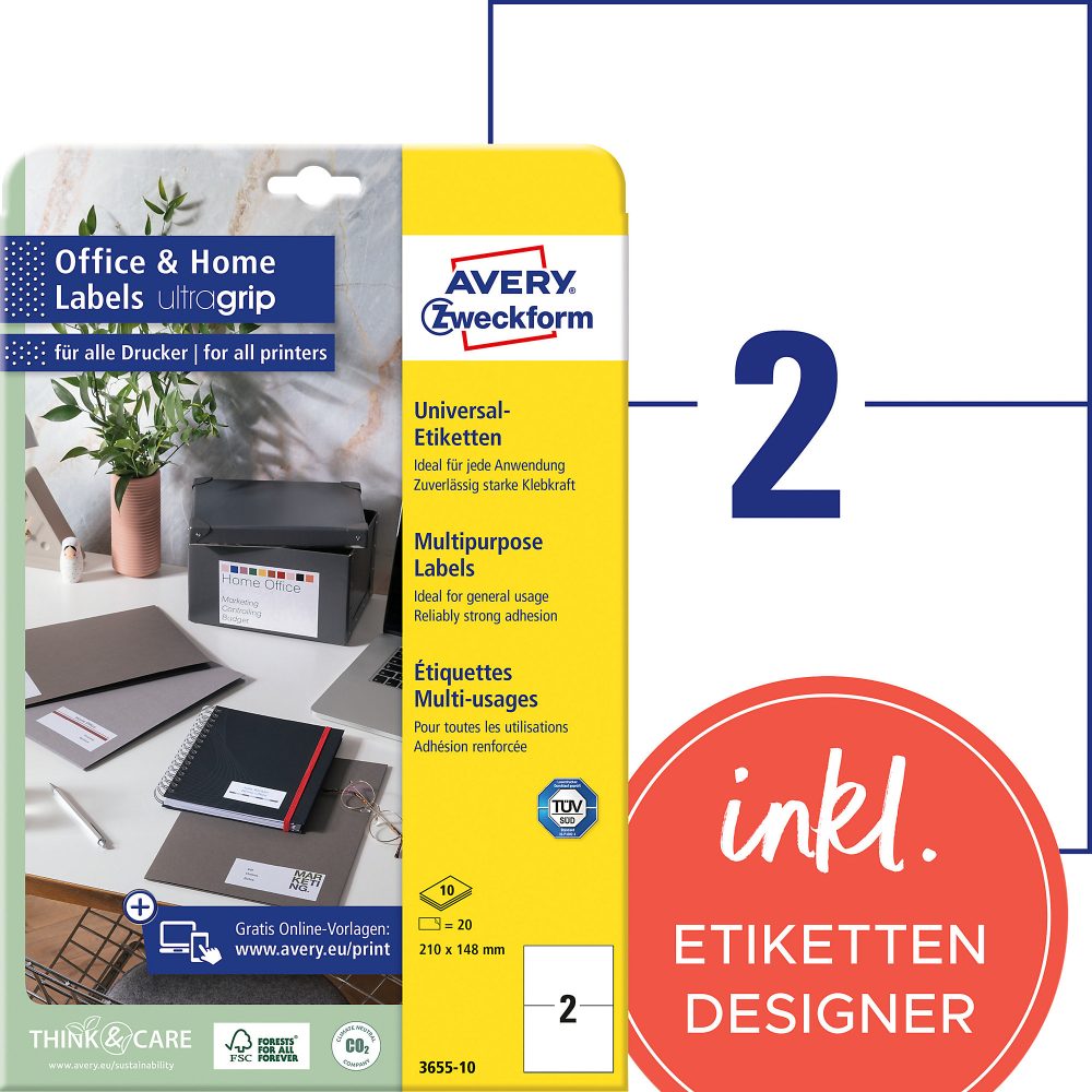AVERY ZWECKFORM Universal-Etiketten 210x148mm 3655-10 weiss 20 Stk./10 Blatt