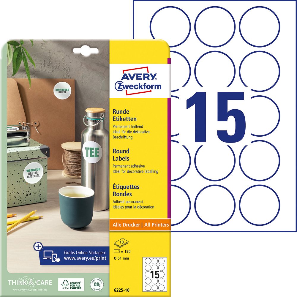 Avery Etiketten 6225-10 Selbsthaftend A4 Weiss 51 mm 10 Blatt à 15 Etiketten