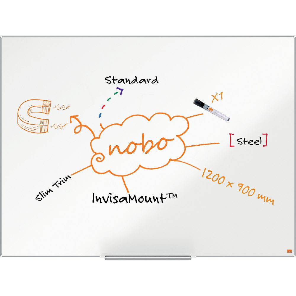 Nobo Impression Pro Wandmontierbares Magnetisches Whiteboard 1915403 Lackierter Stahl Schlankes Alurahmen InvisaMount-Montagesystem 1200 x 900 mm Weiss