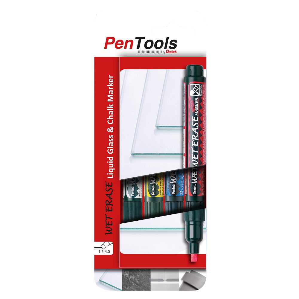 Pentel Kreide- und Glasmarker SMW26 Keilspitze 1,5 - 4 mm Blau, Gelb, Rot, Weiss 4 Stück
