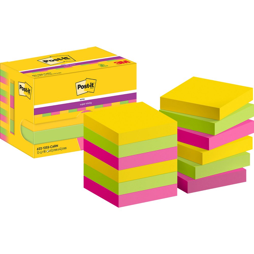 Post-it Super Sticky Haftnotizen 622-12SS-CARN 47,6 x 47,6 mm 90 Blatt pro Block Gelb, Grün, Rosa Quadratisch Unliniert 12 Stück