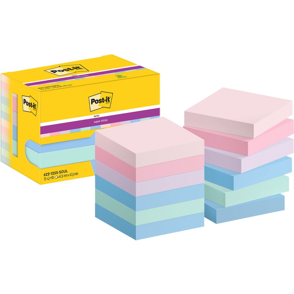 Post-it Super Sticky Haftnotizen 622-12SS-SOUL 47,6 x 47,6 mm 90 Blatt pro Block Blau, Grün, Rosa, Violett Quadratisch Unliniert 12 Stück