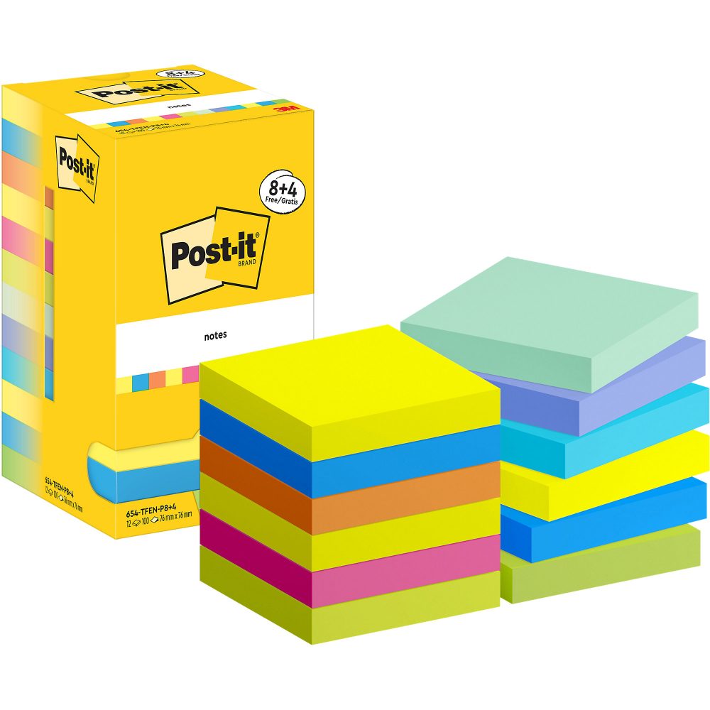 Post-it Energetic Haftnotizen Quadratisch 76 x 76 mm Blanko Farbig Assortiert 654-MX-P8+4 100 Vorteilspack 8 + 4 Gratis