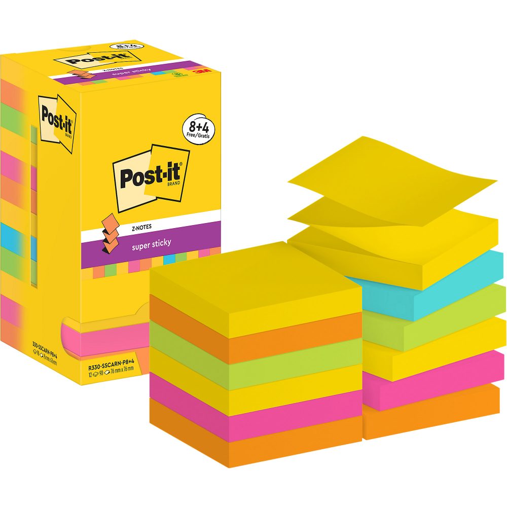 Post-it Super Sticky Z-Notes Haftnotizen R330-SSCARN-P8+4 76 x 76 mm 90 Blatt pro Block Blau, Gelb, Grün, Orange, Rosa 12 Stück (8 + 4 Gratis)